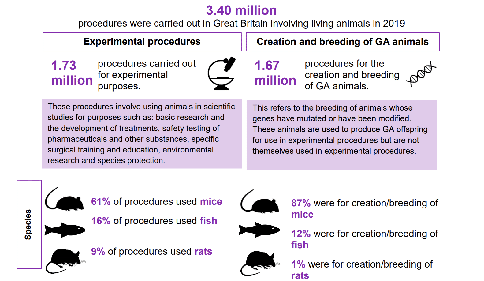 Figure Three: Summary statistics for scientific procedures carried out in the UK in 2019 (Home Office, 2019).